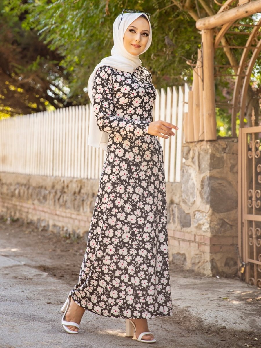 Tofisa Çiçek Desenli Siyah Elbise