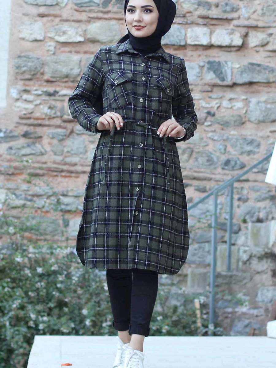 Tesettür Dünyası Beli Bağcıklı Oduncu Haki Gömlek