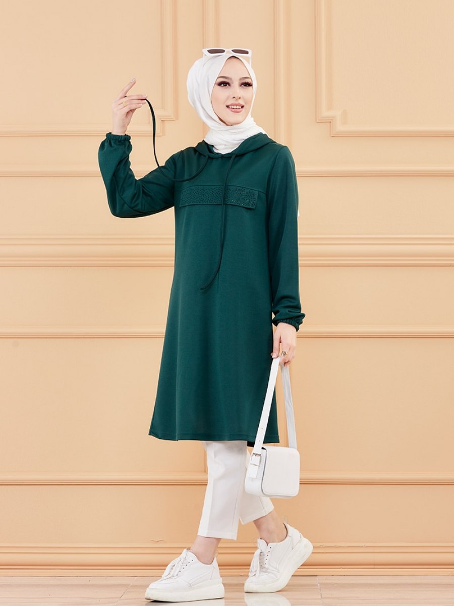 Tofisa Kapüşonlu Zümrüt Yeşili Tunik