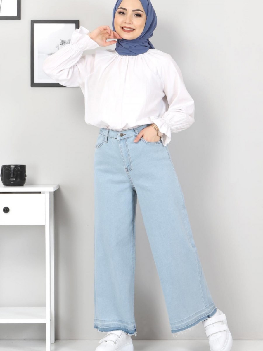 Tesettür Dünyası Bol Paça Püsküllü Açık Mavi Kot Pantolon