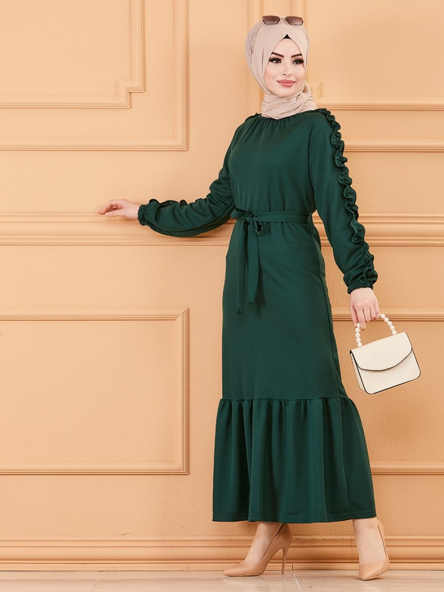 Tofisa Firfir Detayli Kusakli Zumrut Elbise Ehl I Tesettur