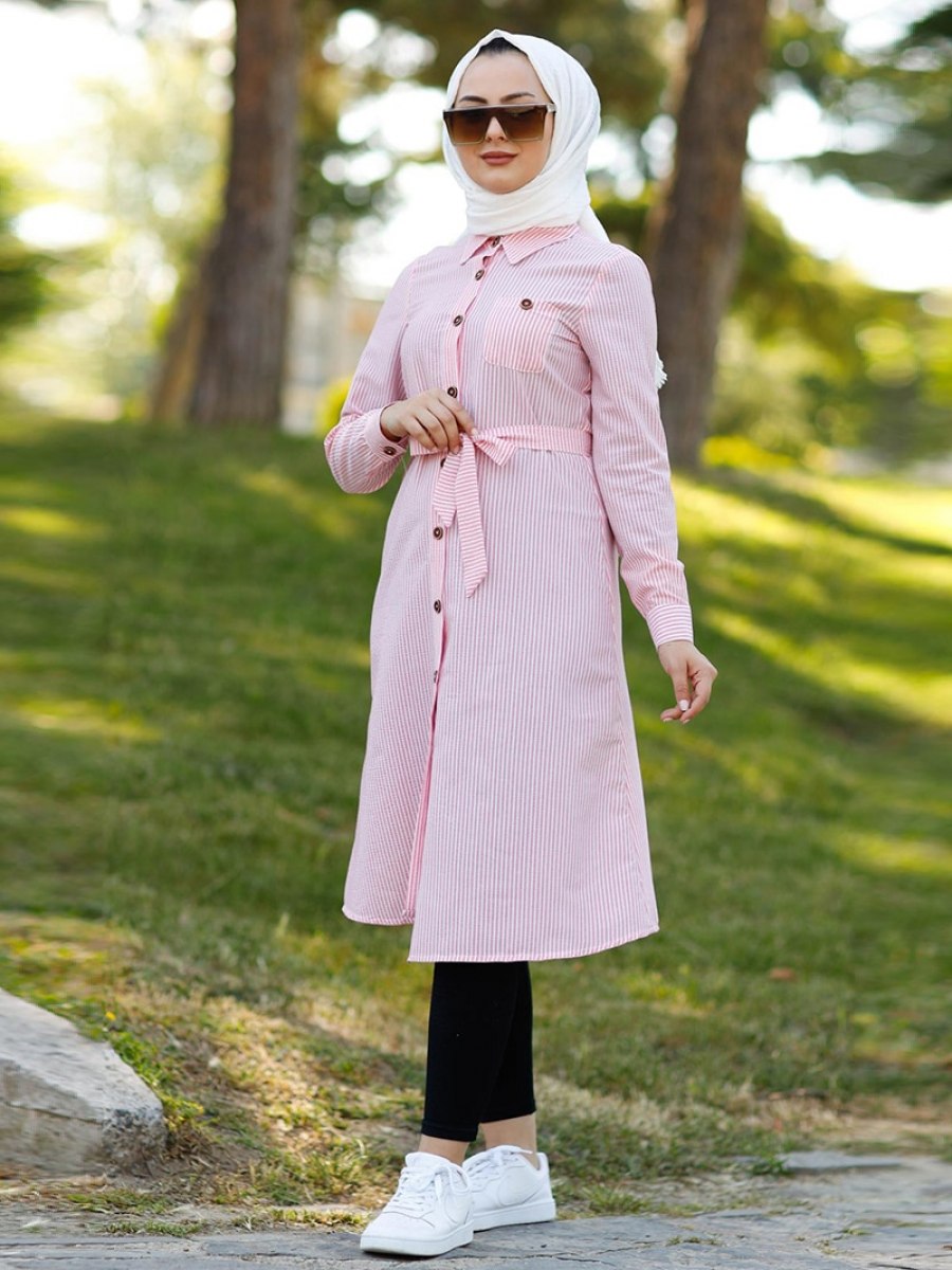 MISSVALLE Düğmeli Çizgili Pembe Tunik