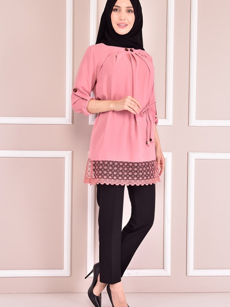 Moda Merve Dantel Detay Pudra Tunik