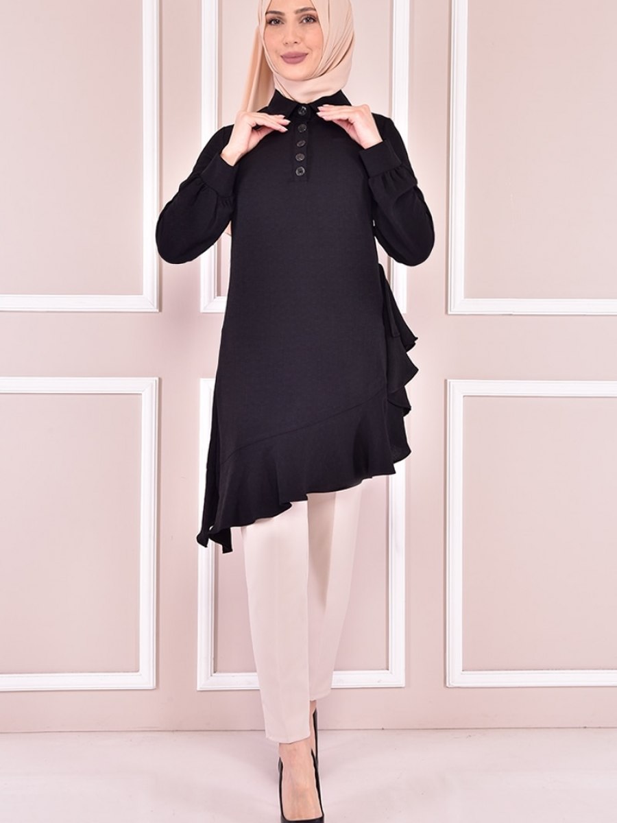 Moda Merve Düğmeli Siyah Tunik