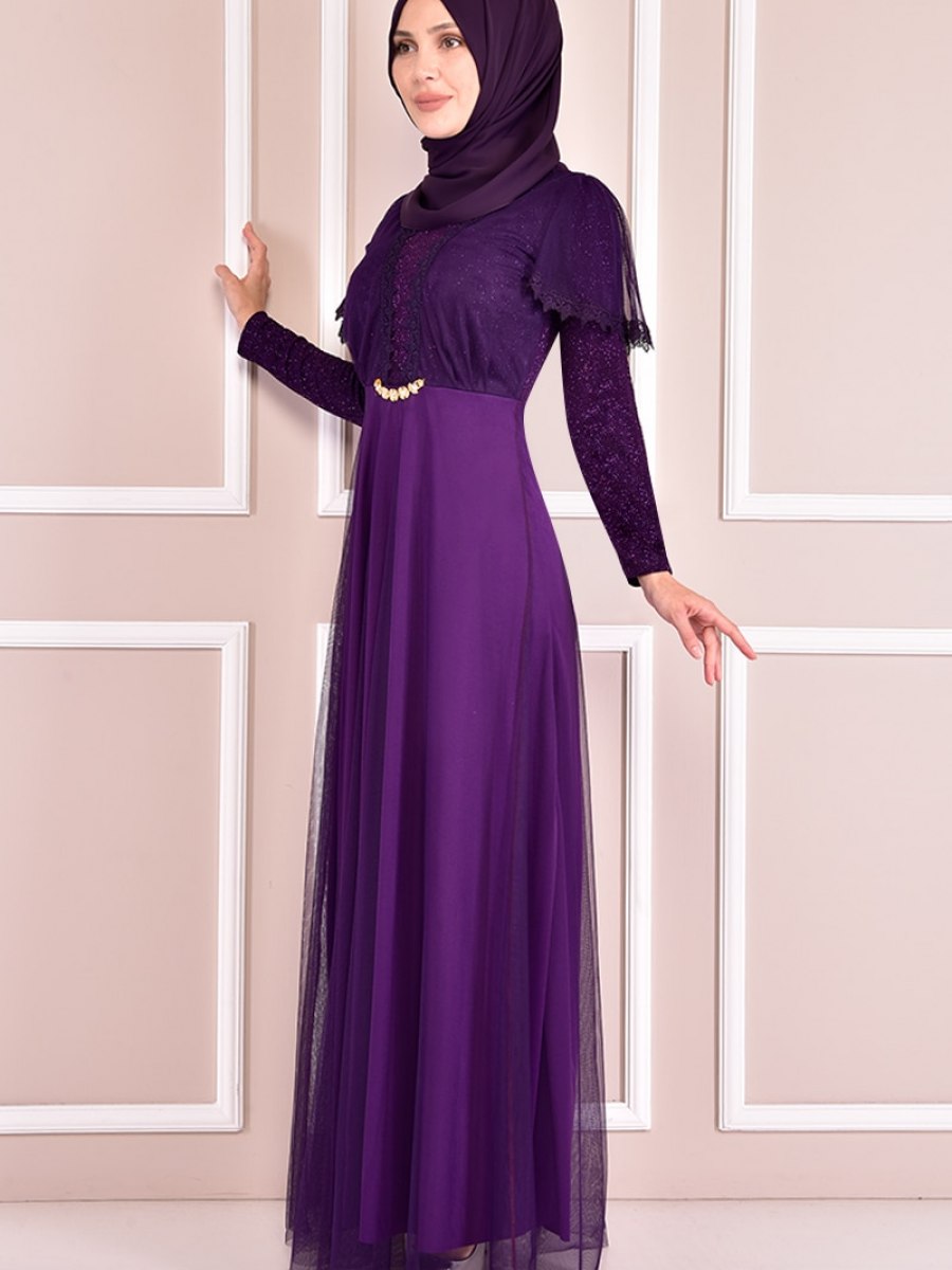 Moda Merve Simli Mor Abiye Elbise