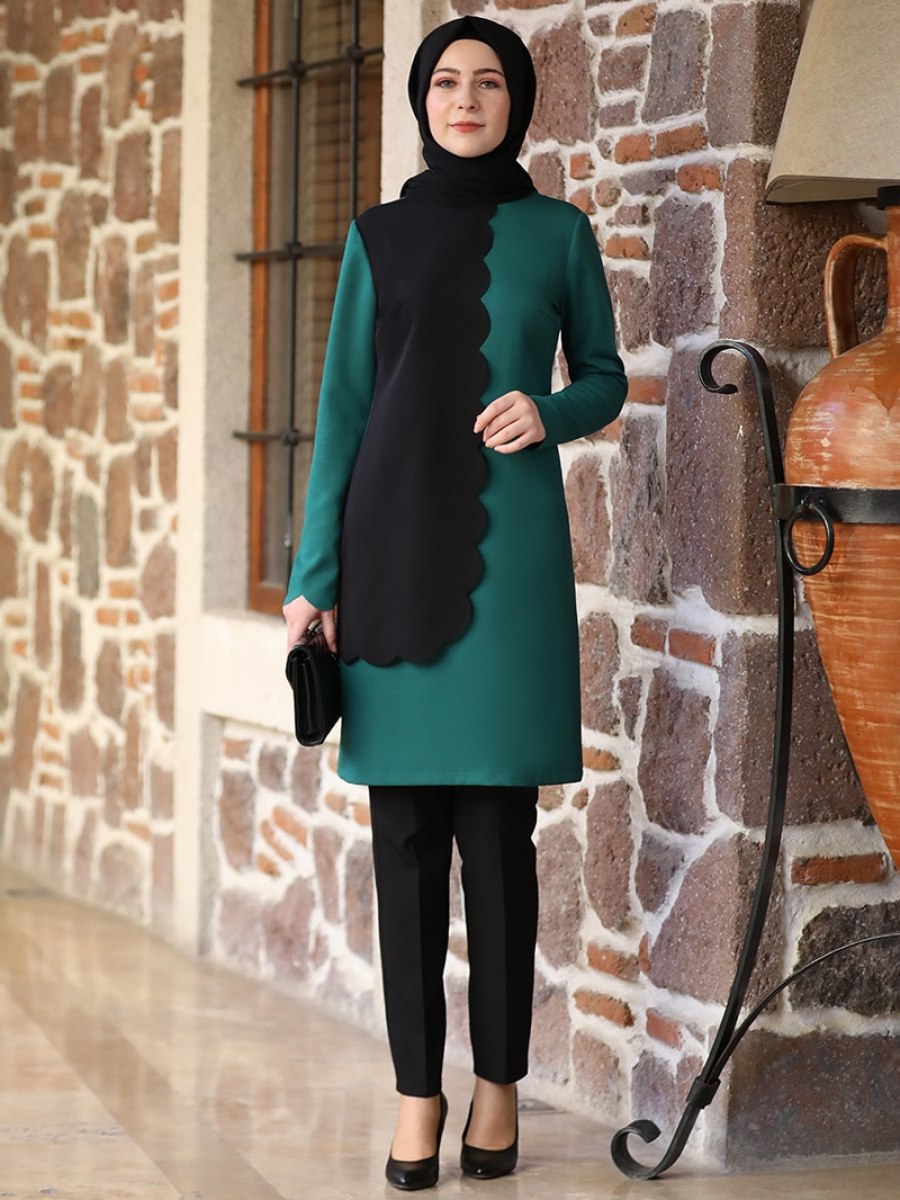 Elben Moda Meyra Tunik & Pantolon İkili Zümrüt Yeşili Takım