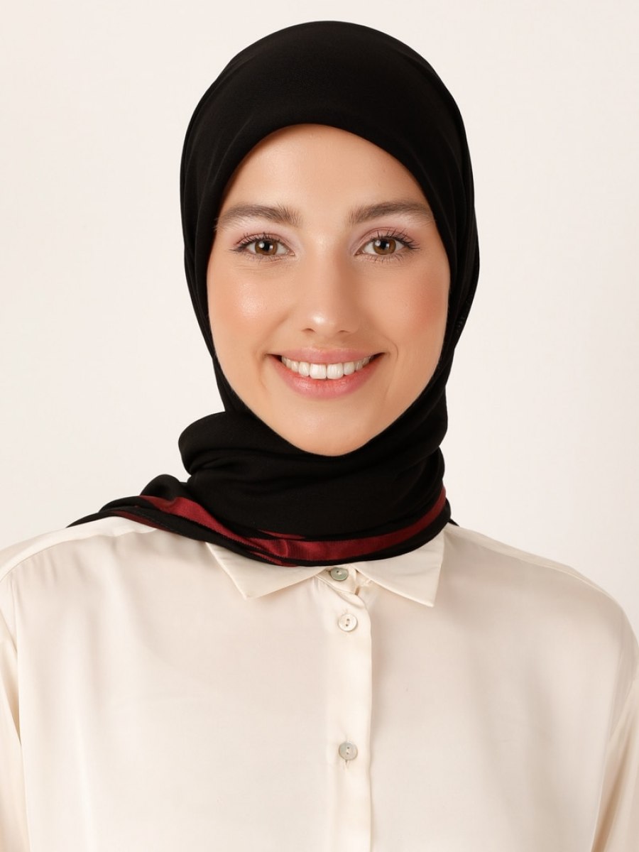 Miray 120 Cm Floş Şifon 3 Çizgili Siyah Bordo Eşarp