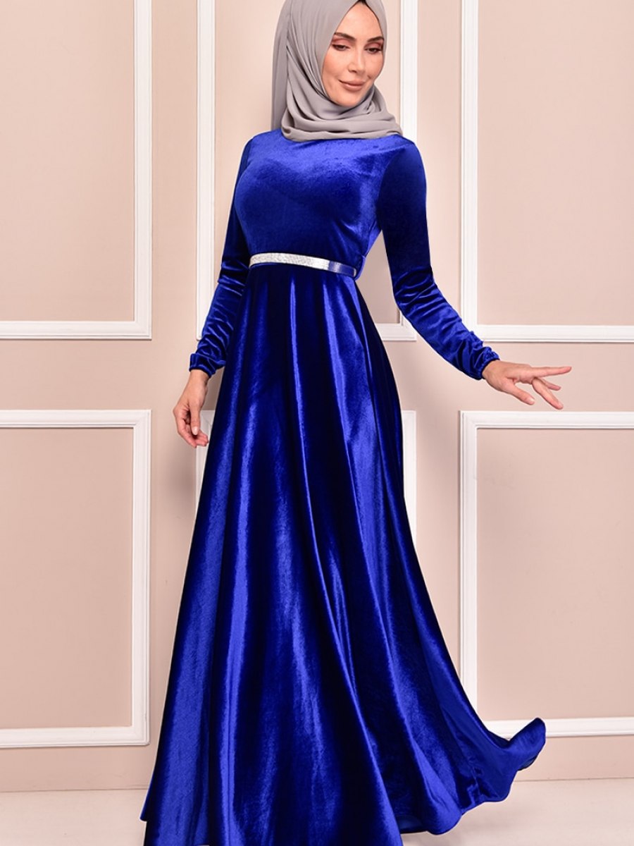 Moda Merve Kemerli Kadife Saks Mavisi Abiye Elbise