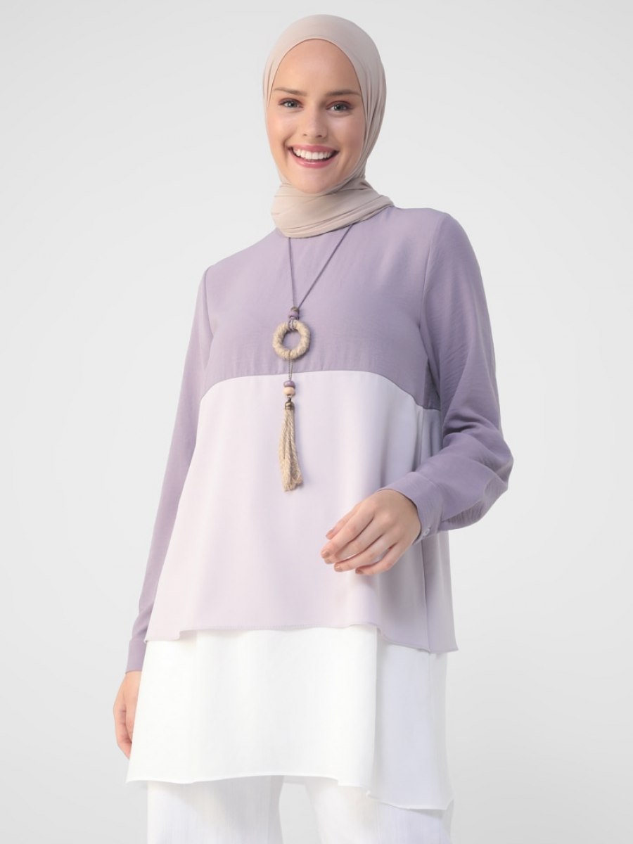 Refka Kolye Detaylı Renk Bloklu Aerobin Vintage Mor Antik Lila Off White Tunik