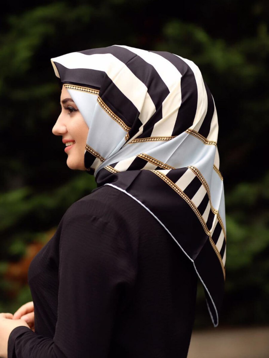 MODAPİNHAN Trend Siyah Beyaz Çizgili Moda Pinhan Eşarp Buz Mavisi Renkli