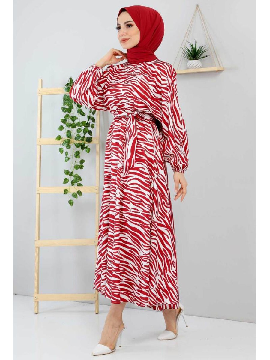 Tesettür Dünyası Zebra Desenli Bordo Elbise