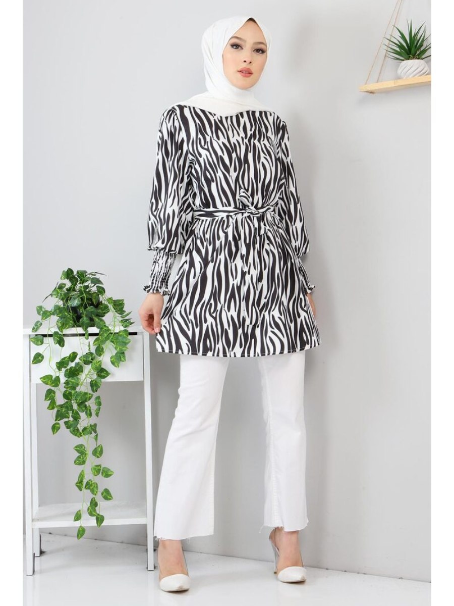 Tesettür Dünyası Zebra Desenli Siyah Tunik