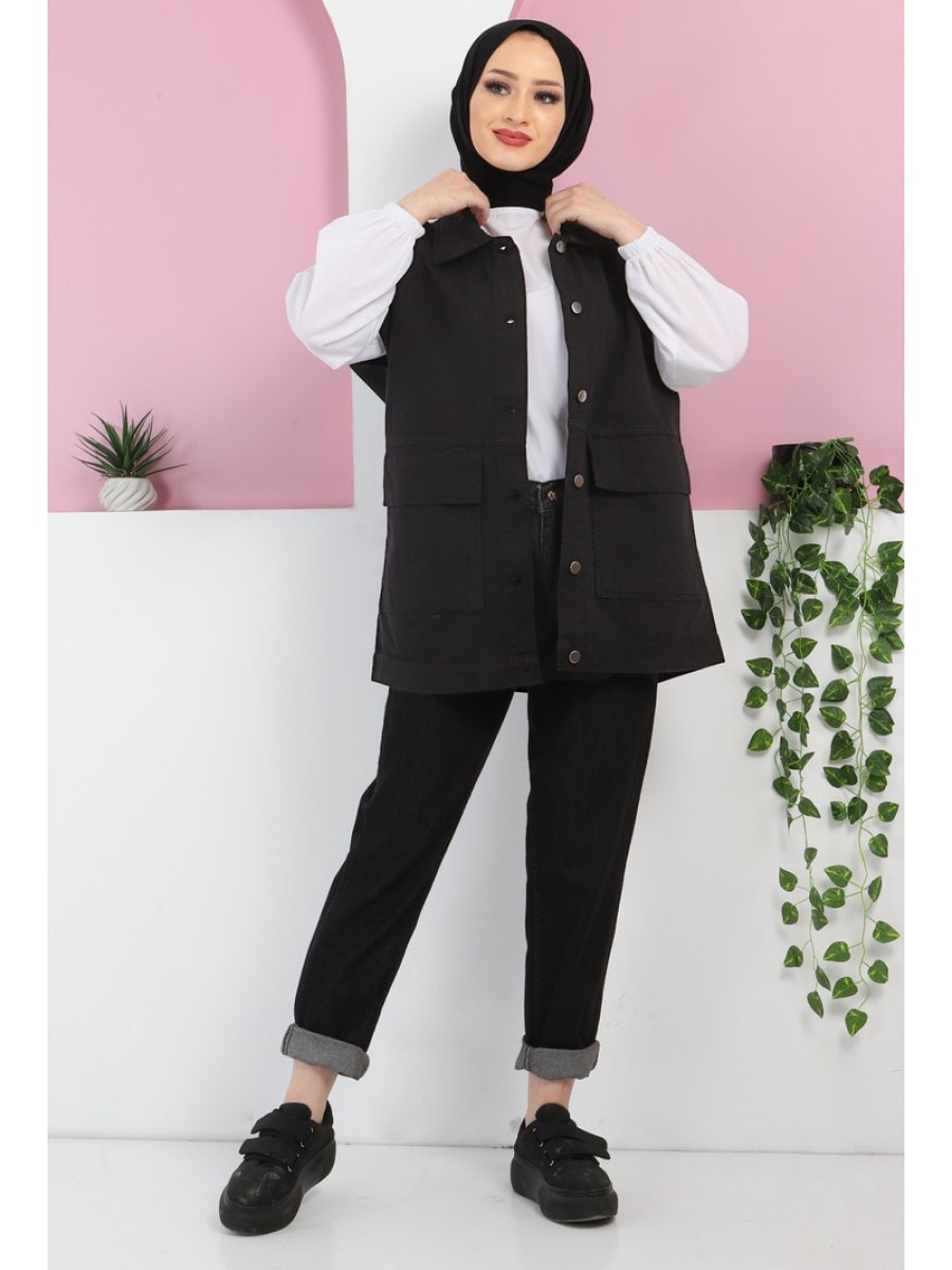 Tesettür Dünyası Önden Cepli Kot Siyah Yelek