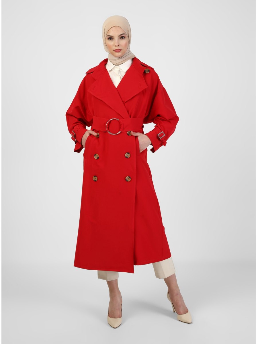 Ziwoman Düğme Detaylı Mercan Trençkot