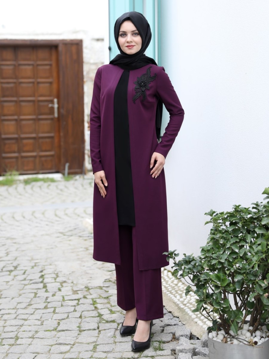 Ahunisa Zümra Tunik & Pantolon İkili Mor Abiye Takım
