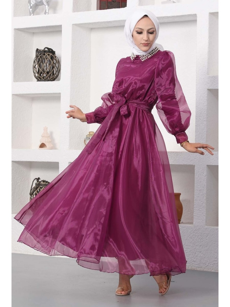 İmaj Butik Yakası İnci Detaylı Abiye Elbise/mor
