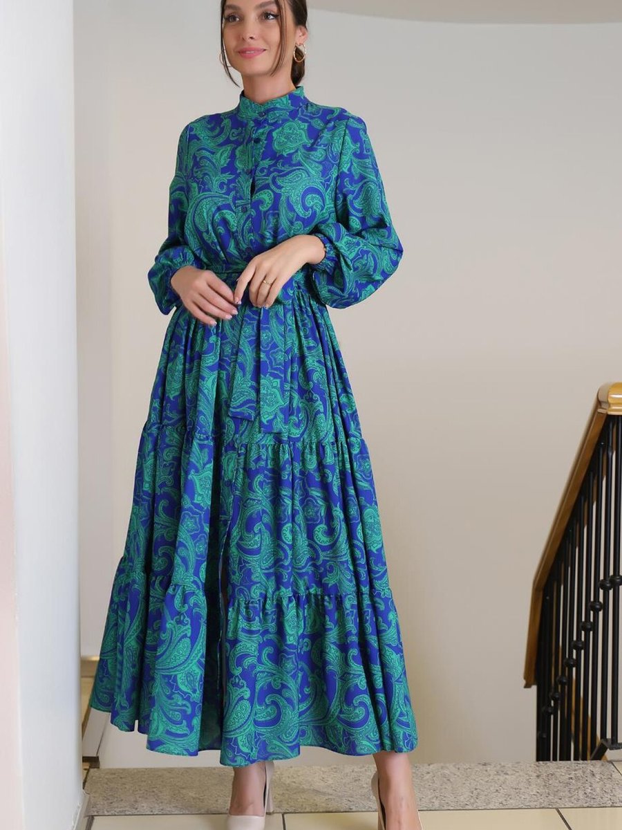 Terzi Dükkanı Saks Mavisi Etnik Desenli Uzun Kollu Marry Elbise