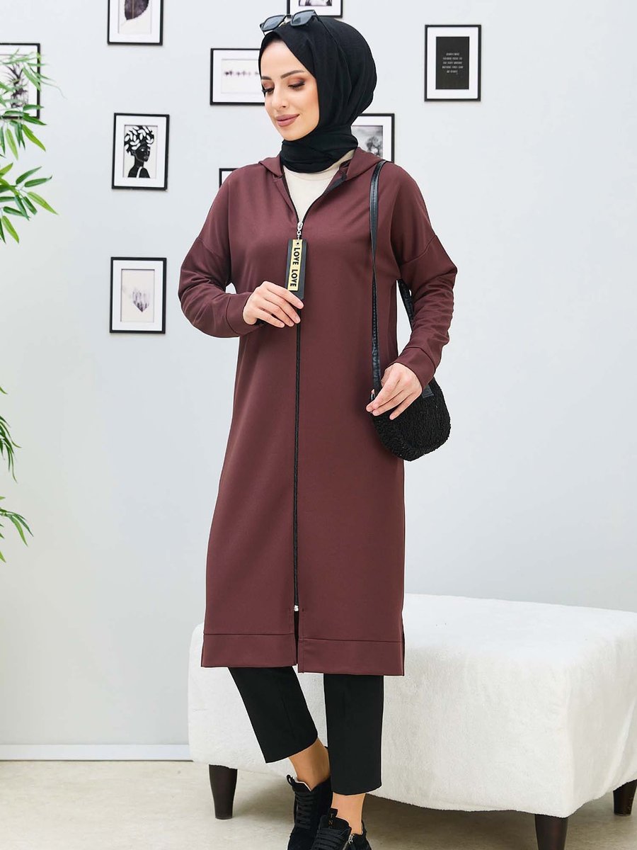 Tofisa Kapüşonlu Fermuarlı Kahverengi Kap