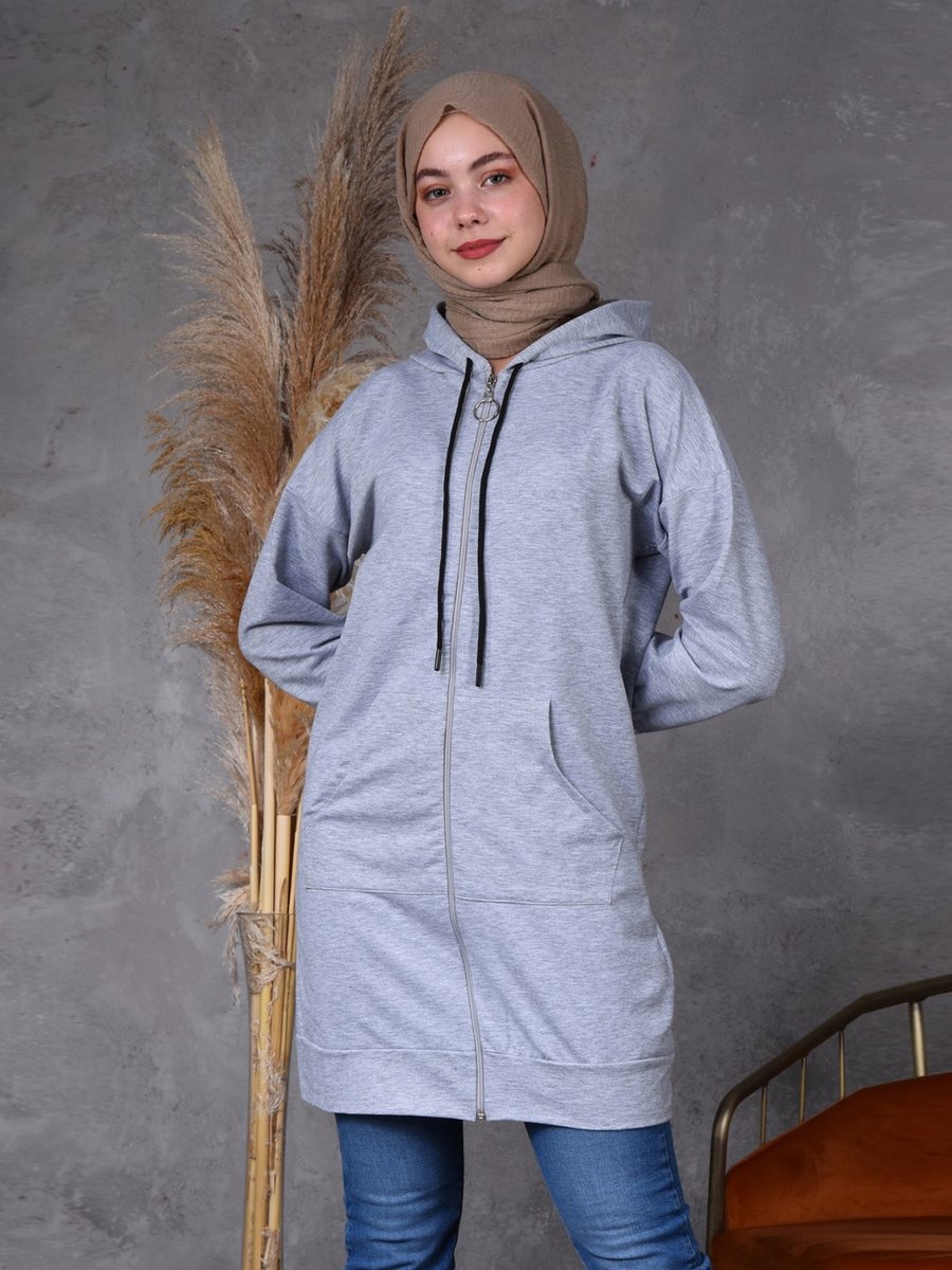 Hazim Moda Fermuarlı Uzun Sweat Gri Hırka