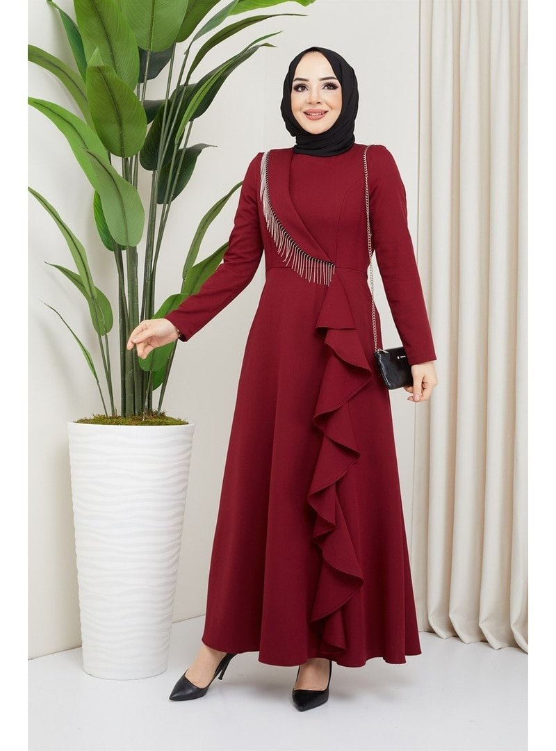 Akra Moda Zincir Detaylı Fırfırlı Abiye Elbise Bordo