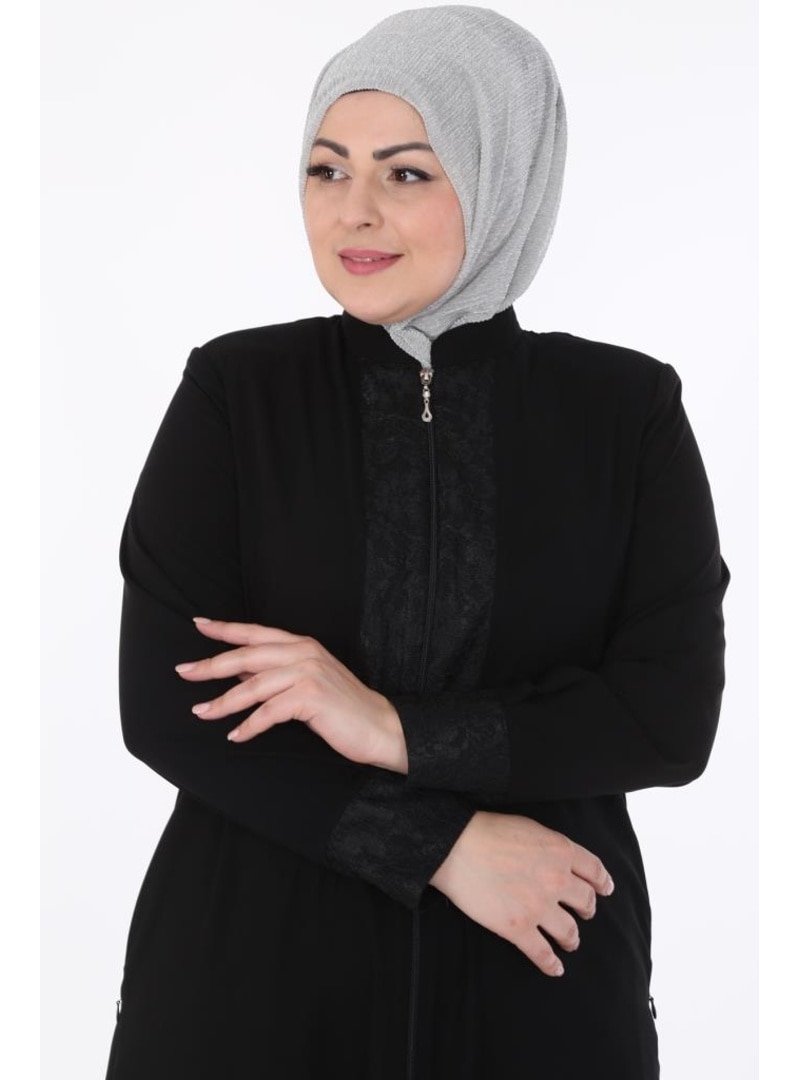 Jamila Danatelli Fermuarlı Medine İpeği Siyah Ferace