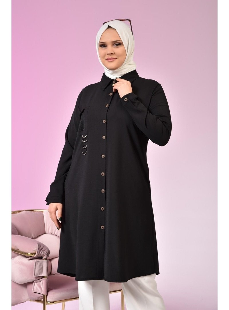 Ferace Buyuk Beden Tesettur Kadin Ayrobin Kumas Siyah Tunik