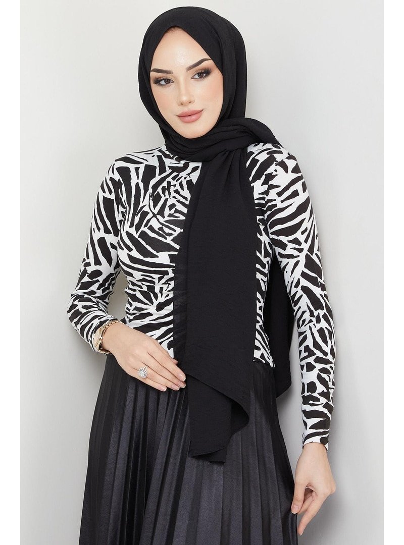 Hafsa Mina Zebra Desen Balıkçı Yaka Body Beyaz
