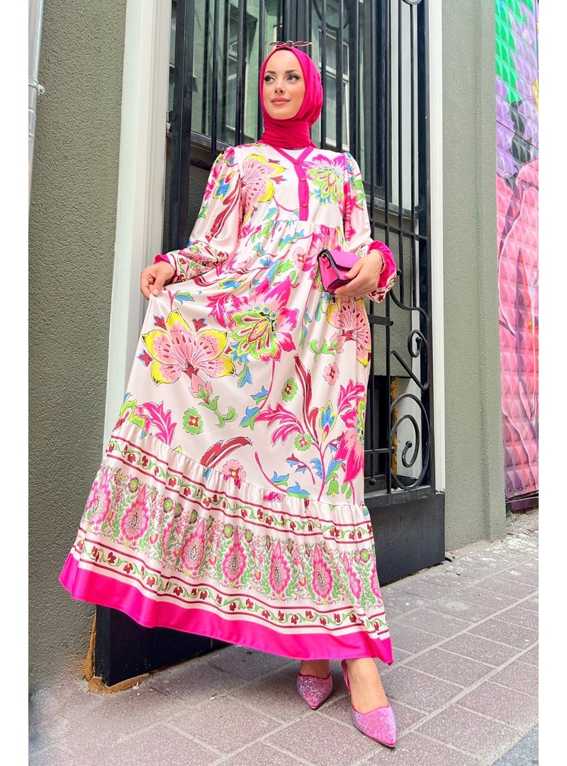 Liz Butik Alaçatı Desenli Fuşya Elbise
