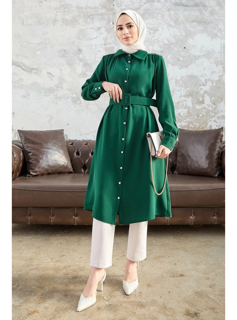 Vavinor Kemerli Omuzu Taşlı Zümrüt Yeşili Tunik