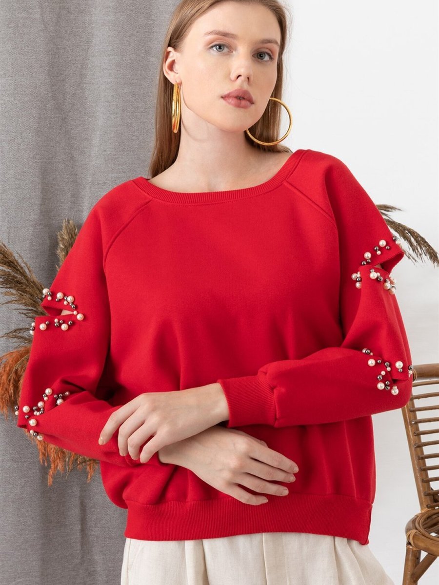 AQE FASHION Kırmızı Kolu Kesik İnci Detaylı Sweatshirt