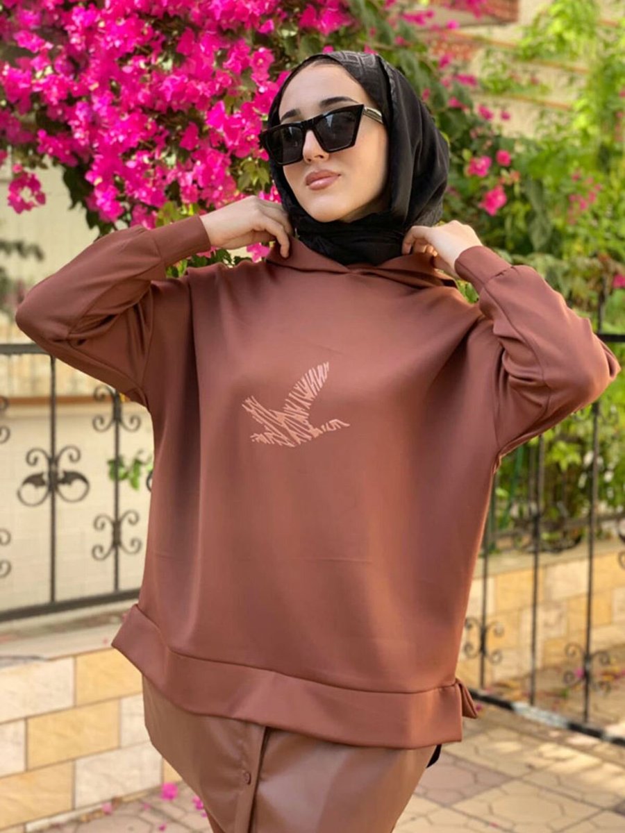 Moda Rosa Kahve Deri Detaylı Scuba Tunik