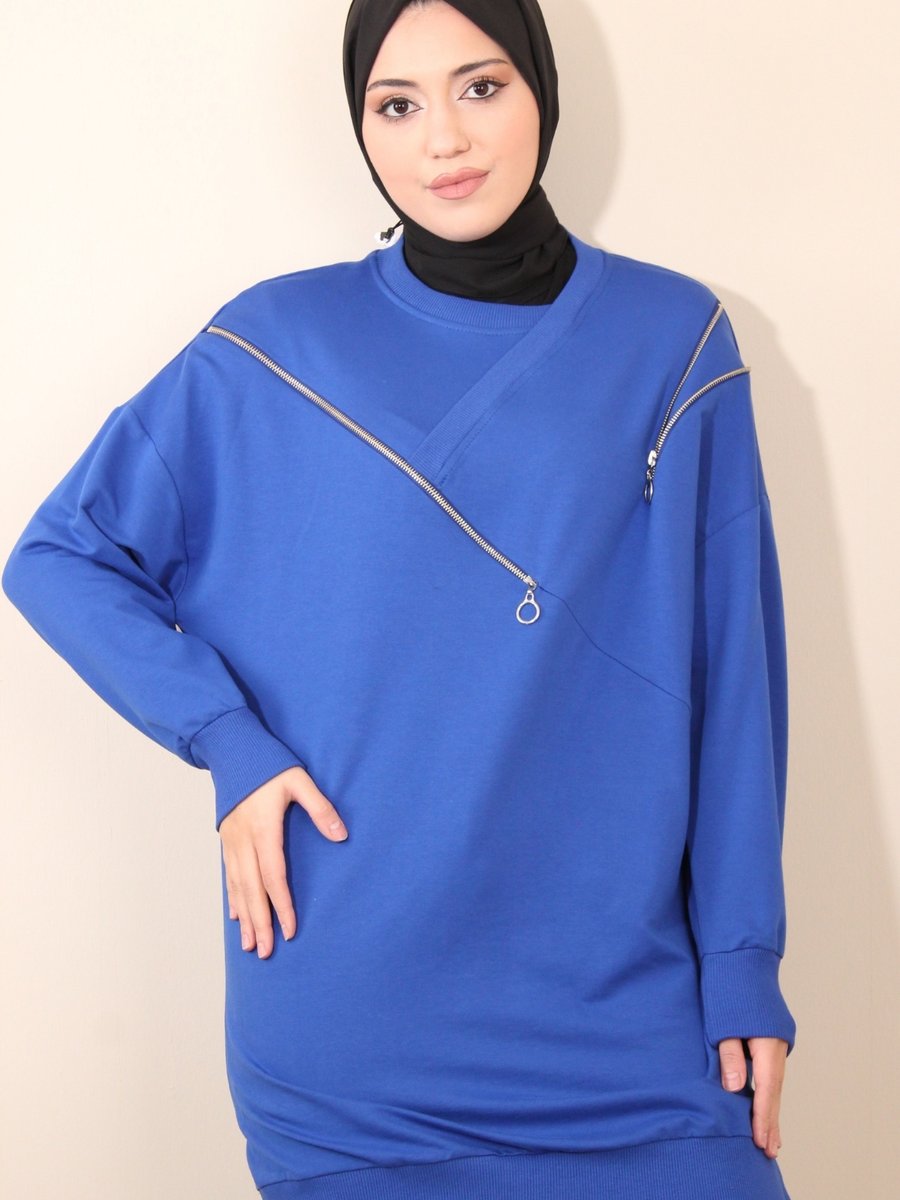 Puane İki İplik Bisiklet Yaka Fermuar Detaylı Saks Mavisi Sweatshirt