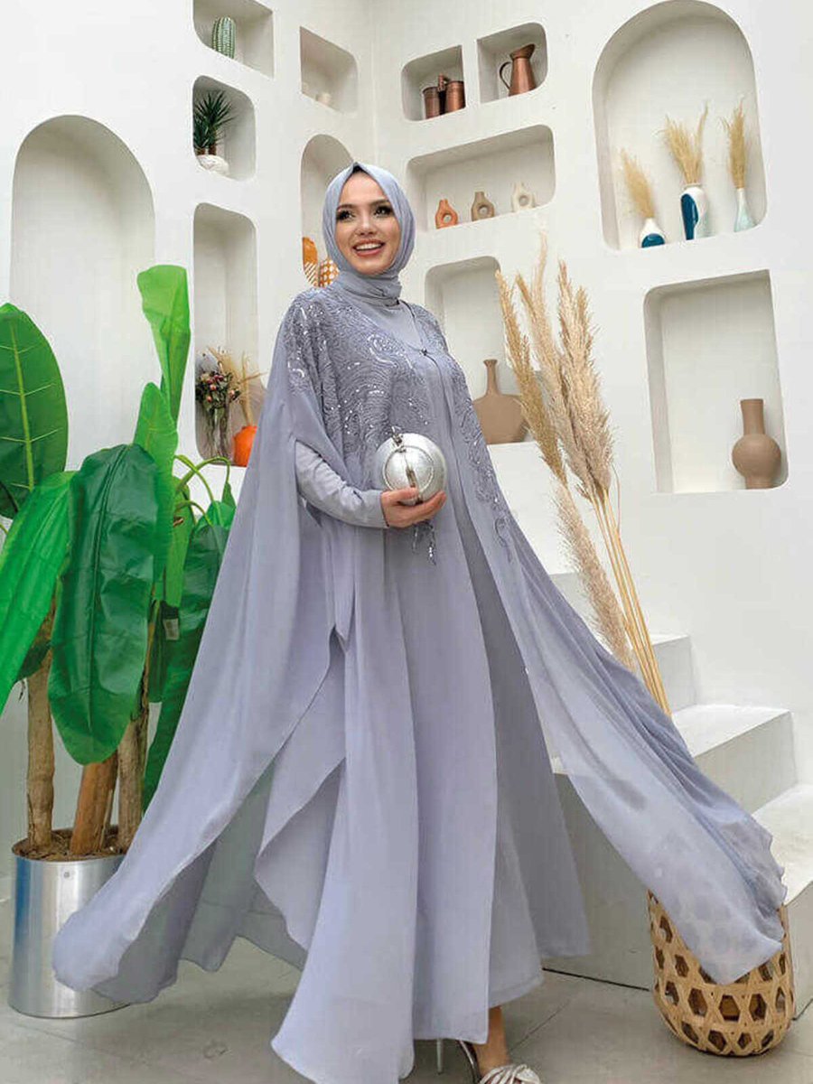 Bym Fashion Taş İşlemeli Desenli Şifon Pelerin Abiye Elbise Takım 3773 Gri