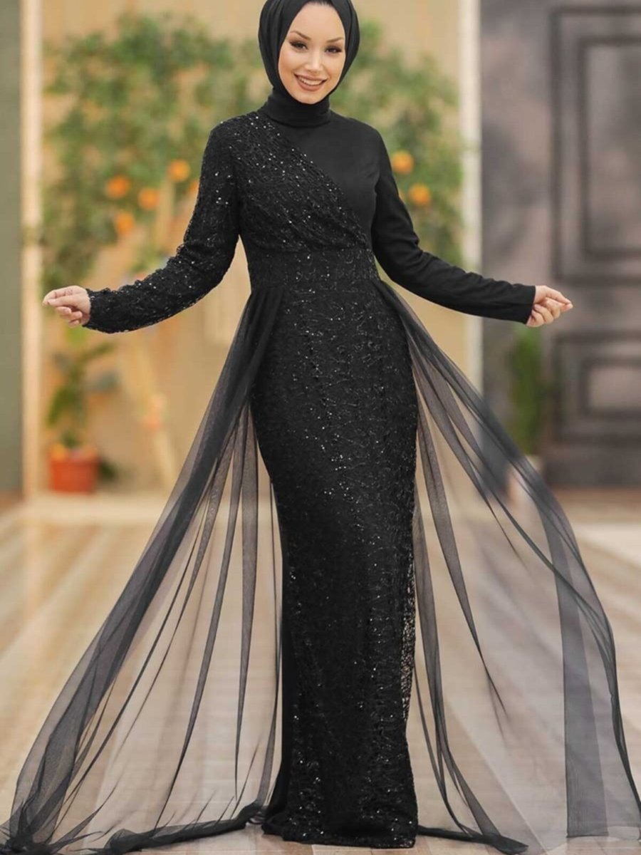 Neva Style - Pul Payetli Siyah Abiye Elbise 5345s