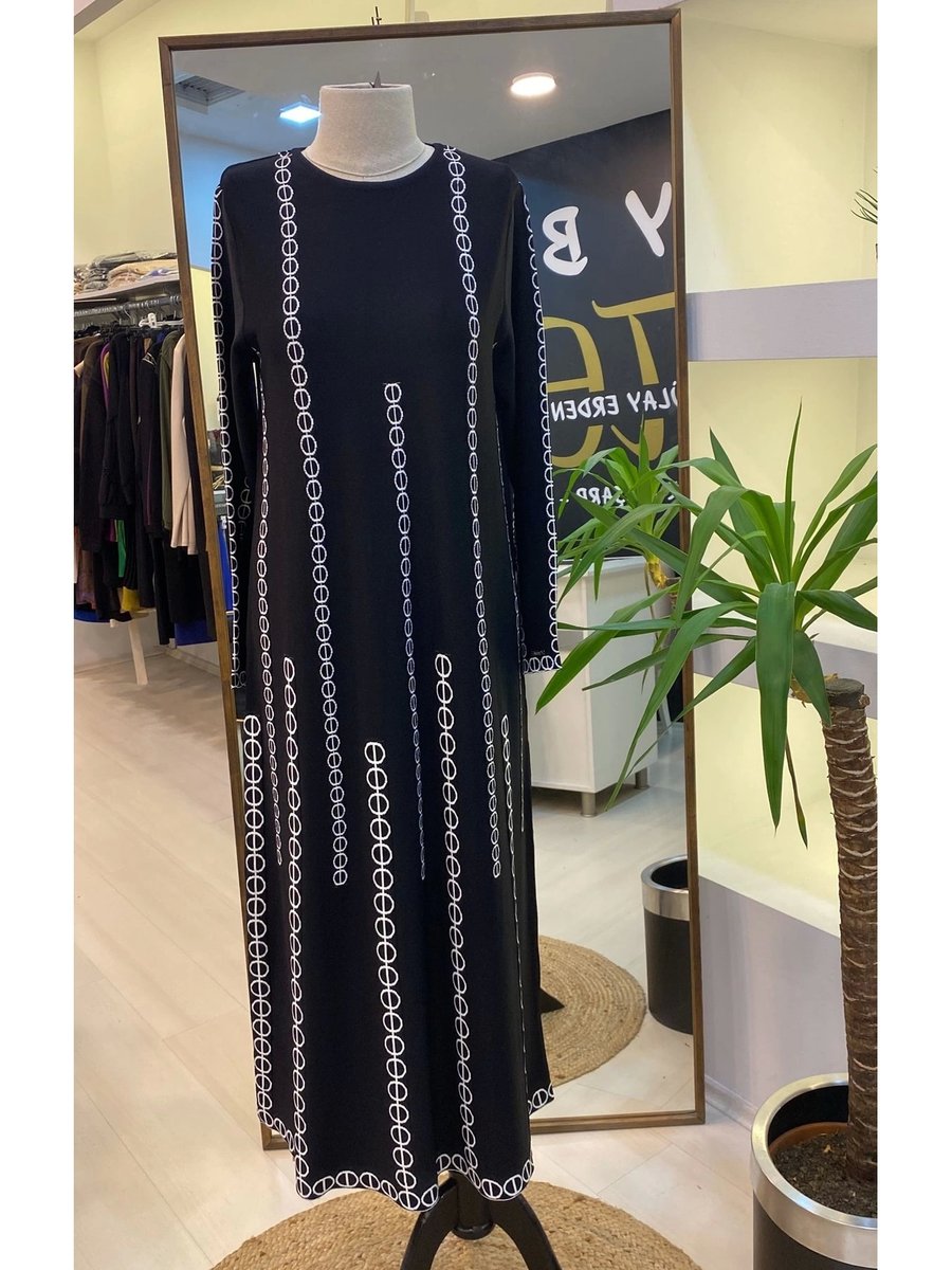 Invee İnvee Desenli Triko Siyah Elbise 6848
