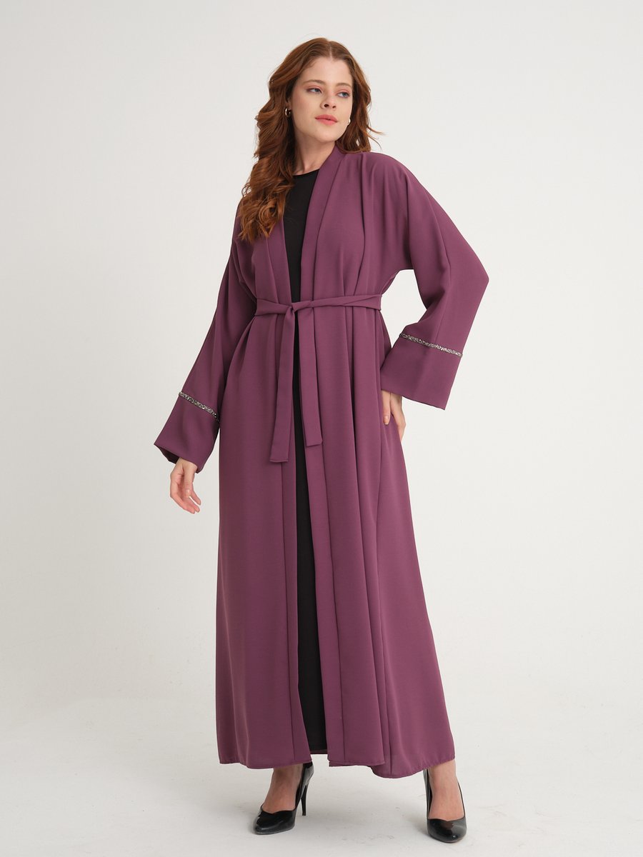 Ayşegül Yerlikaya Collection Gül Kurusu Kumlu Krep Kol Ağzı Manşet Taşlı Abaya Ferace Tesettür
