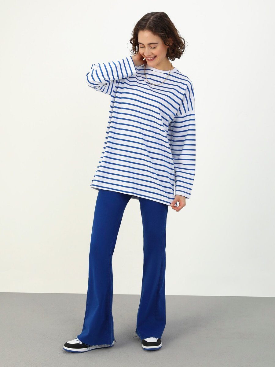 Benin Bisiklet Yaka Sweatshirt Beyaz Lacivert Çizgili