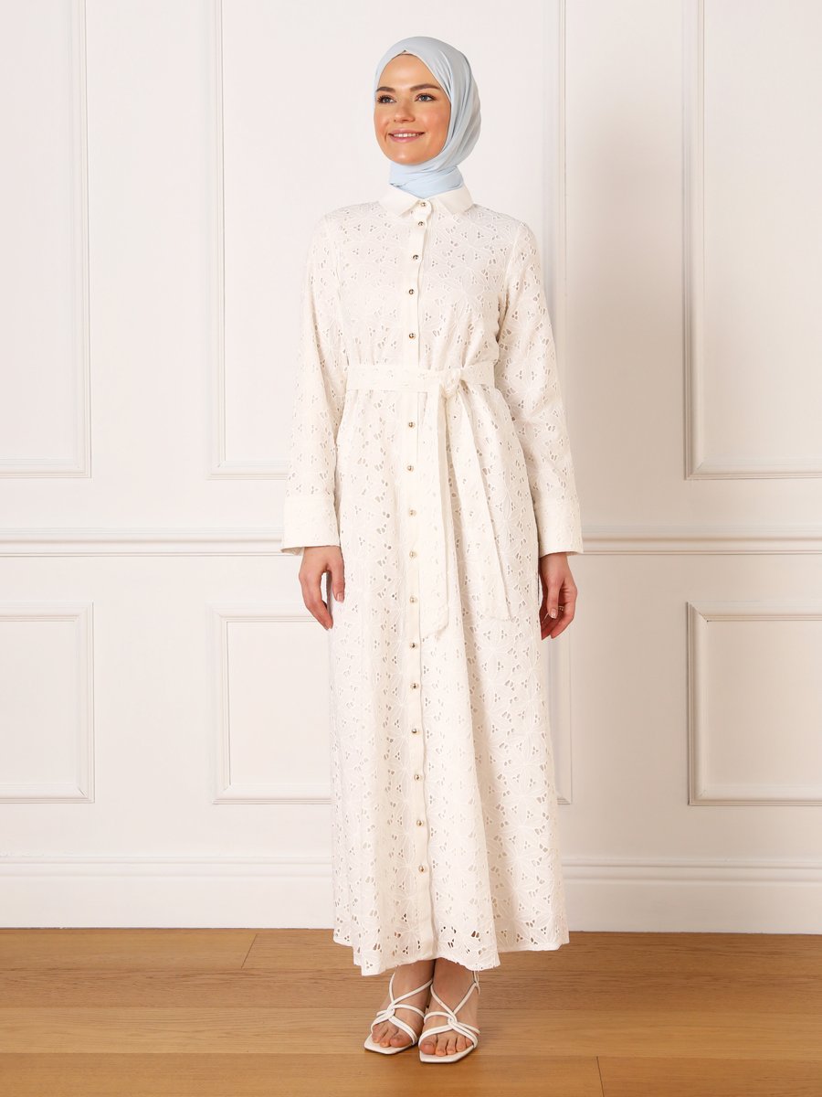 Refka Fisto Kumaşlı Boydan Düğmeli Off White Elbise