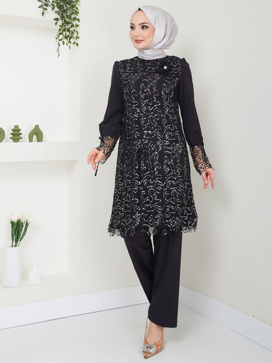 Ayşe Melek Tasarım File Pullu Tesettür Abiye Takım Elbise 2616