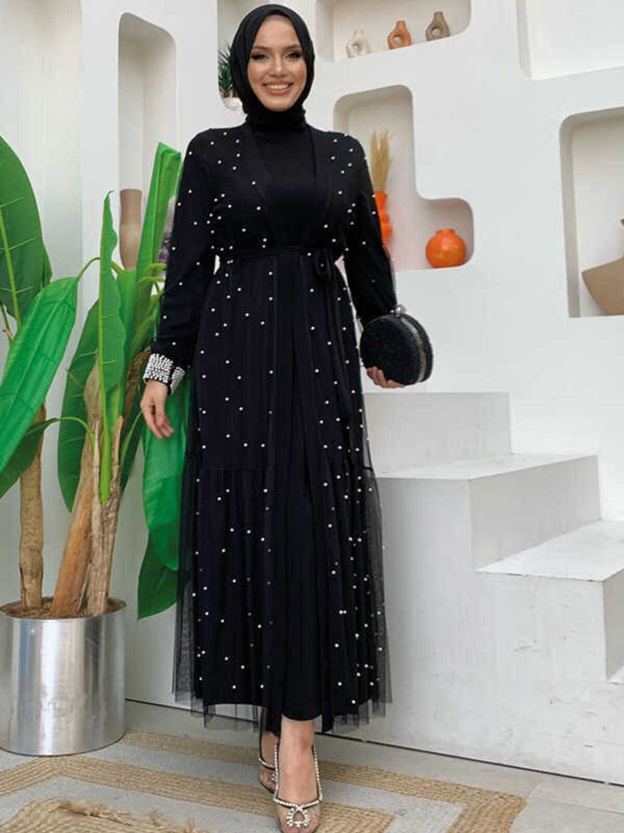 Bym Fashion İncili Abaya Ve Elbise Takım 8491 Siyah