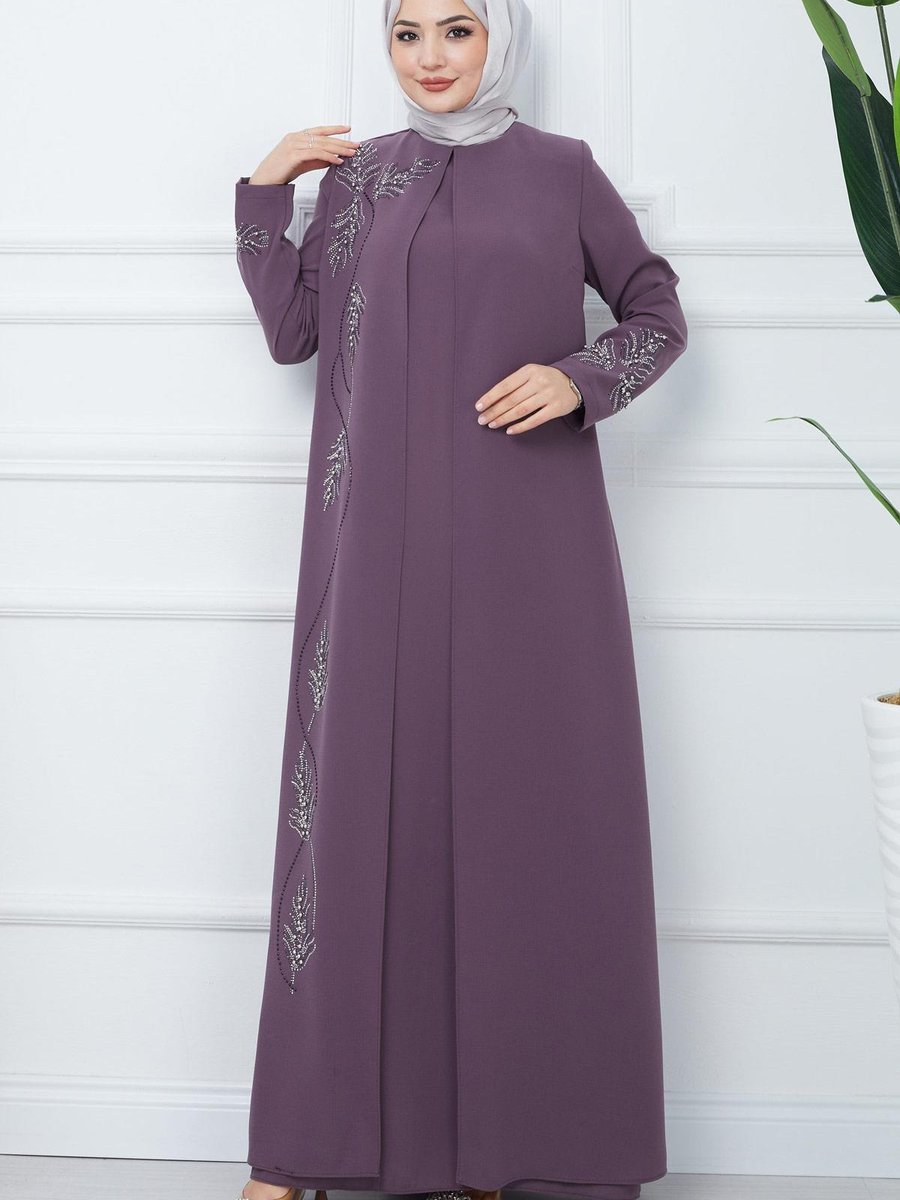 Hafsamina Büyük Beden Yaprak Taşlı Anne Elbisesi Mürdüm Hm2350