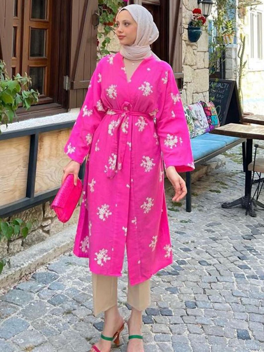Moda Rosa 24y5062 Pembe Çiçek Nakışlı Müslin Kimono
