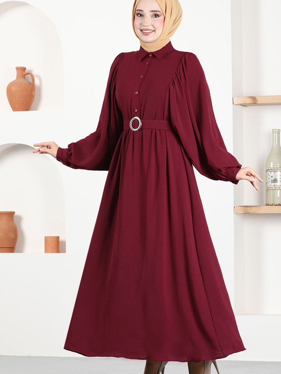 Modamerve Kemerli Elbise Asn140 Bordo
