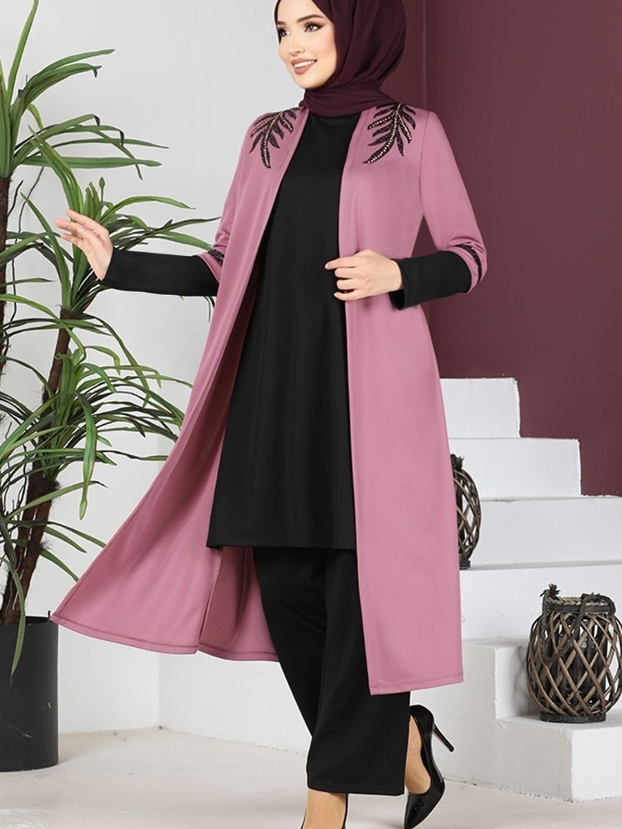 Ayşe Melek Tasarım Aplike Taşlı Tunik Pantolon Takım 2668 Gül
