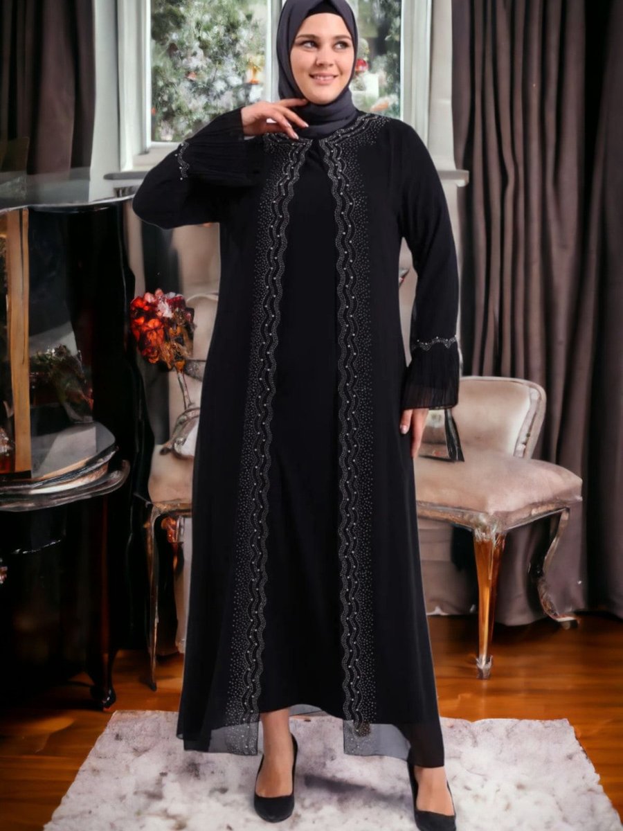 Esin Işık Ferace Büyük Beden Taşlı Ve İnci Desenli Kolları Piliseli Anne Abiye Elbise