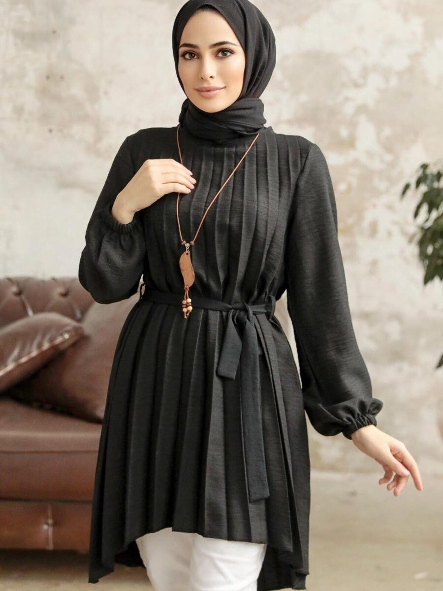 Neva Style - Pileli Siyah Tunik 41233s