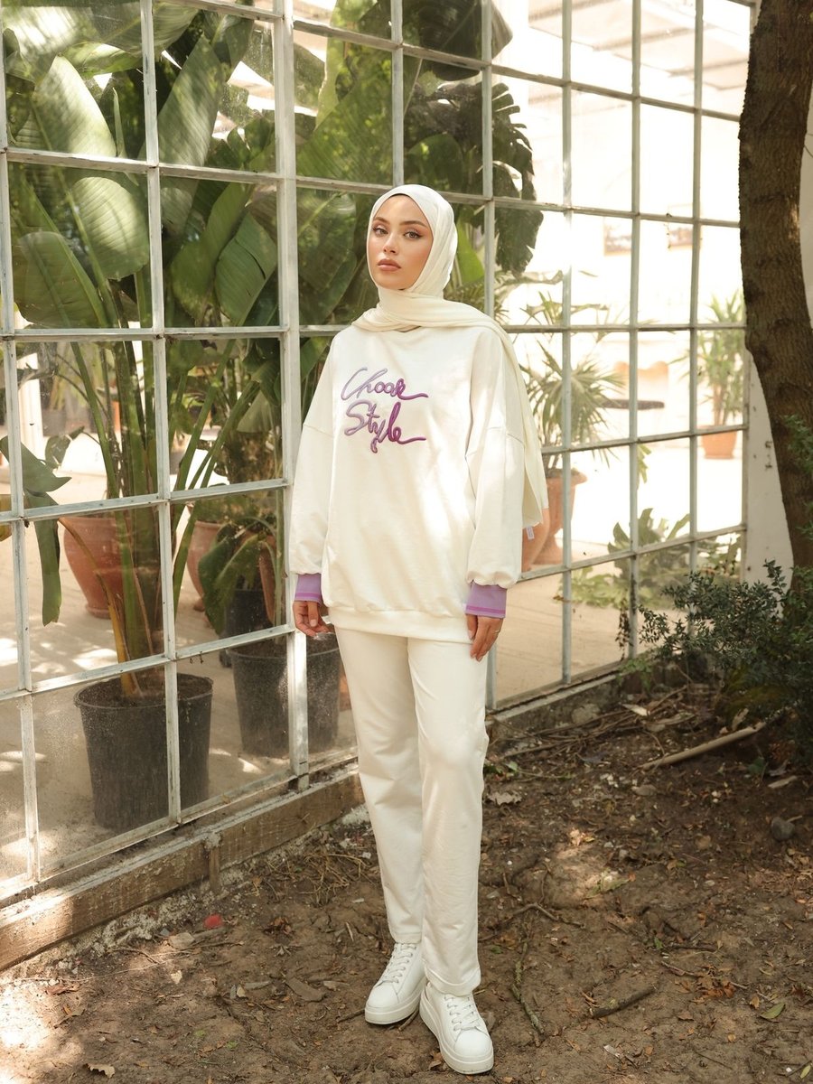 Prof Moda Beyaz Eşofman Takımı Oversize Nakışlı 2 Iplik Likra