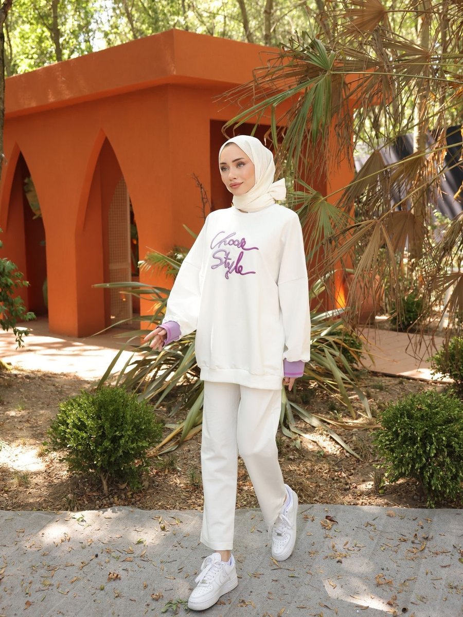 Ryzi Moda Beyaz Eşofman Takımı Oversize Nakışlı 2 Iplik Likra