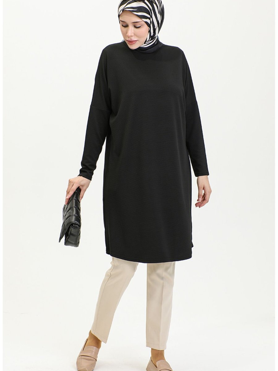 Sefamerve Rahat Kesim Dökümlü Sade Tunik 8730 01 Siyah