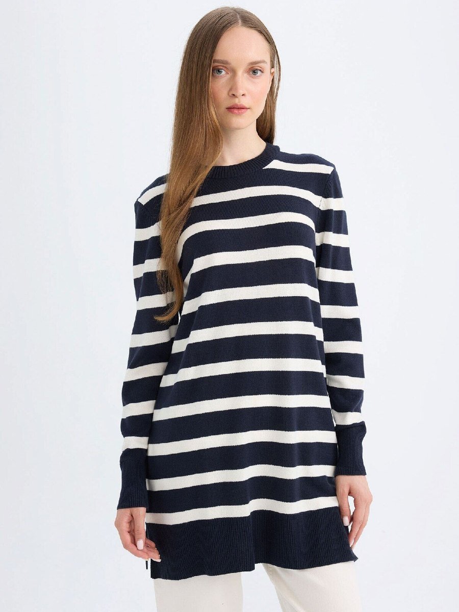 Defacto Regular Fit Bisiklet Yaka Çizgili Uzun Kollu Triko Kazak Tunik C6030ax24au